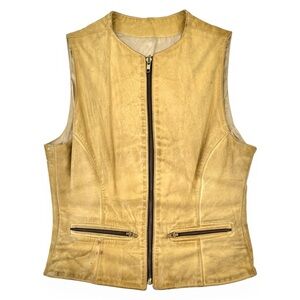 Vintage Original Leather Line Light Tan Brown Distressed Leather YKK Zip Up Vest